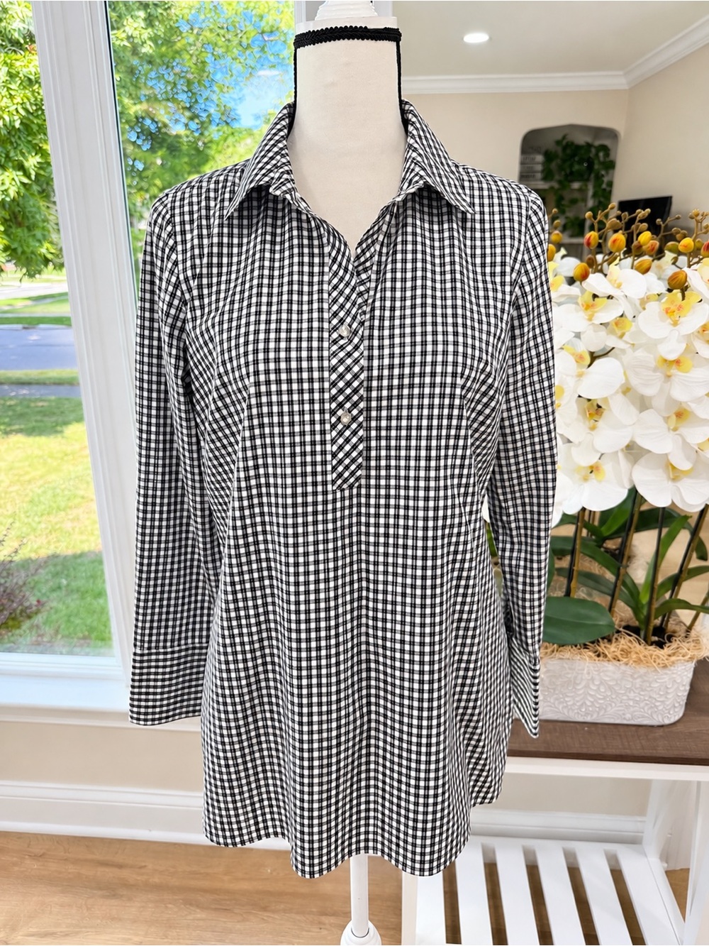 Talbots Size 8 Womens Top Black Plaid Long Sleeve Henley Shirt New